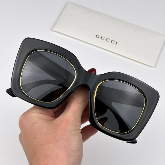 Gucci Accessories - Gucci GG1151S 001 Sunglasses Black/Gold Grey Cat Eye Oversized Unisex GG 1151S